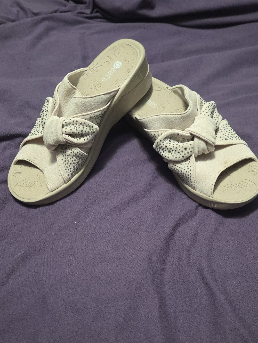Bzees Beige Knot Slide Sandals with Rhinestone Accents - Women